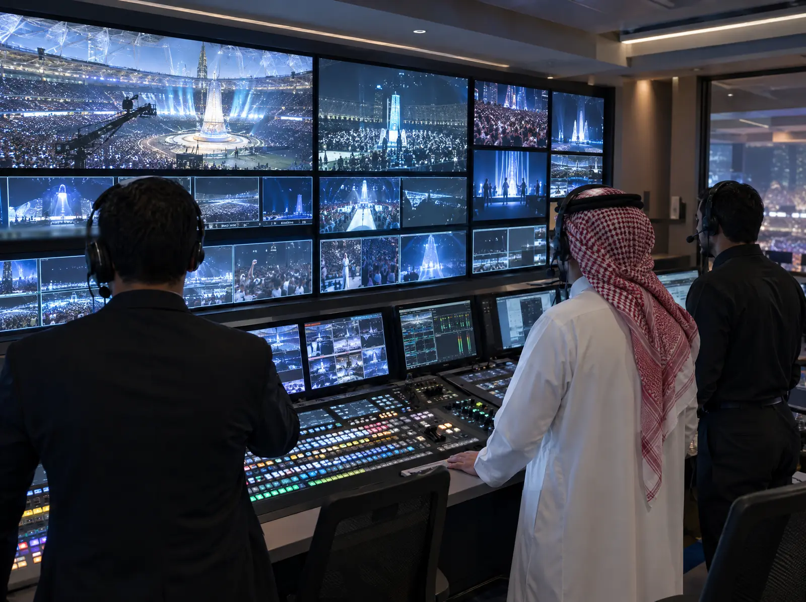 Live broadcast control room during an event, with crew in headsets at the production desk facing a wall of monitors.