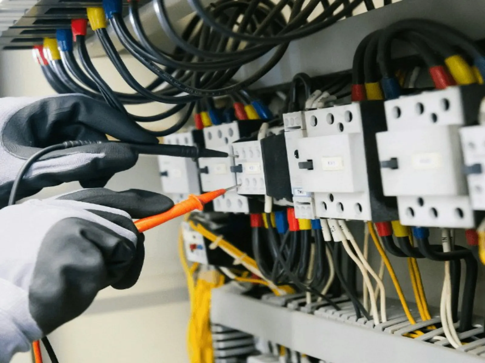 Gloved hands testing an electrical control panel with a multimeter.
