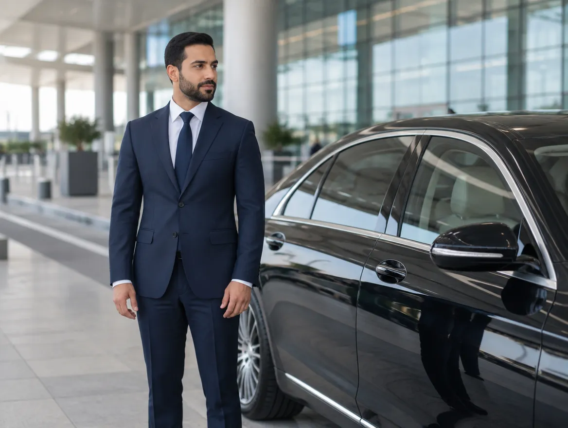 Chauffeur in a navy suit standing with his hands at his sides beside a black executive sedan at an airport terminal drop-off.