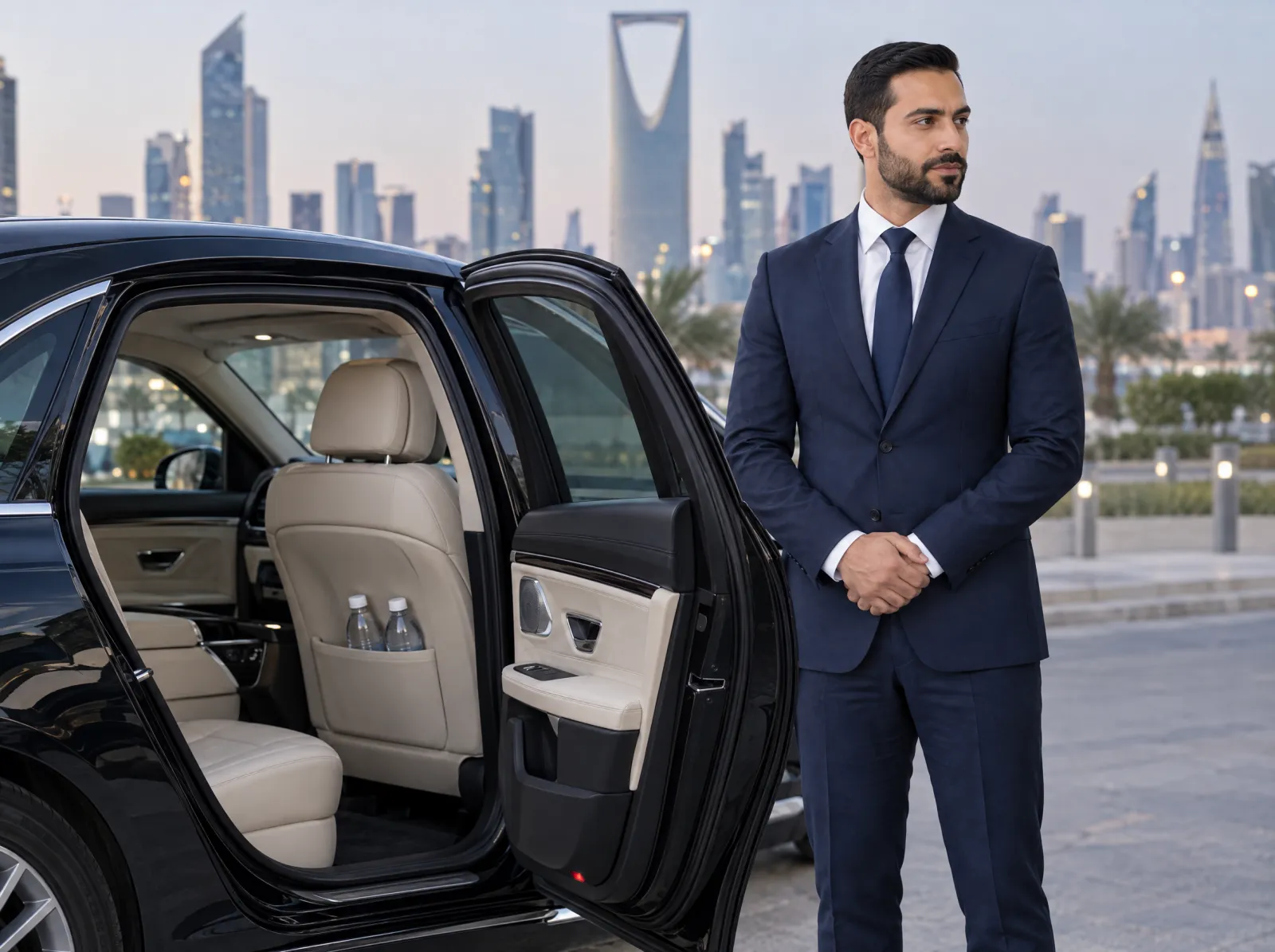 Clean cream leather rear cabin of a black executive sedan, with a chauffeur in a navy suit waiting beside the open door, hands clasped.