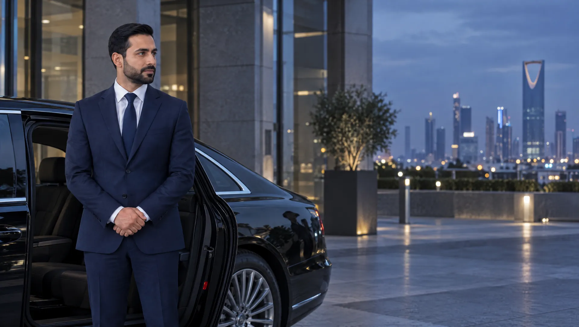 سائق ببدلة كحلية يقف مشبك اليدين بجانب الباب الخلفي المفتوح لسيارة تنفيذية سوداء أمام مدخل مبنى في الرياض عند الغروب.