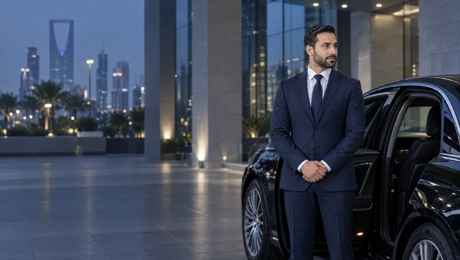 Chauffeur in a navy suit standing with his hands clasped beside the open rear door of a black executive sedan at a Riyadh building entrance at dusk.