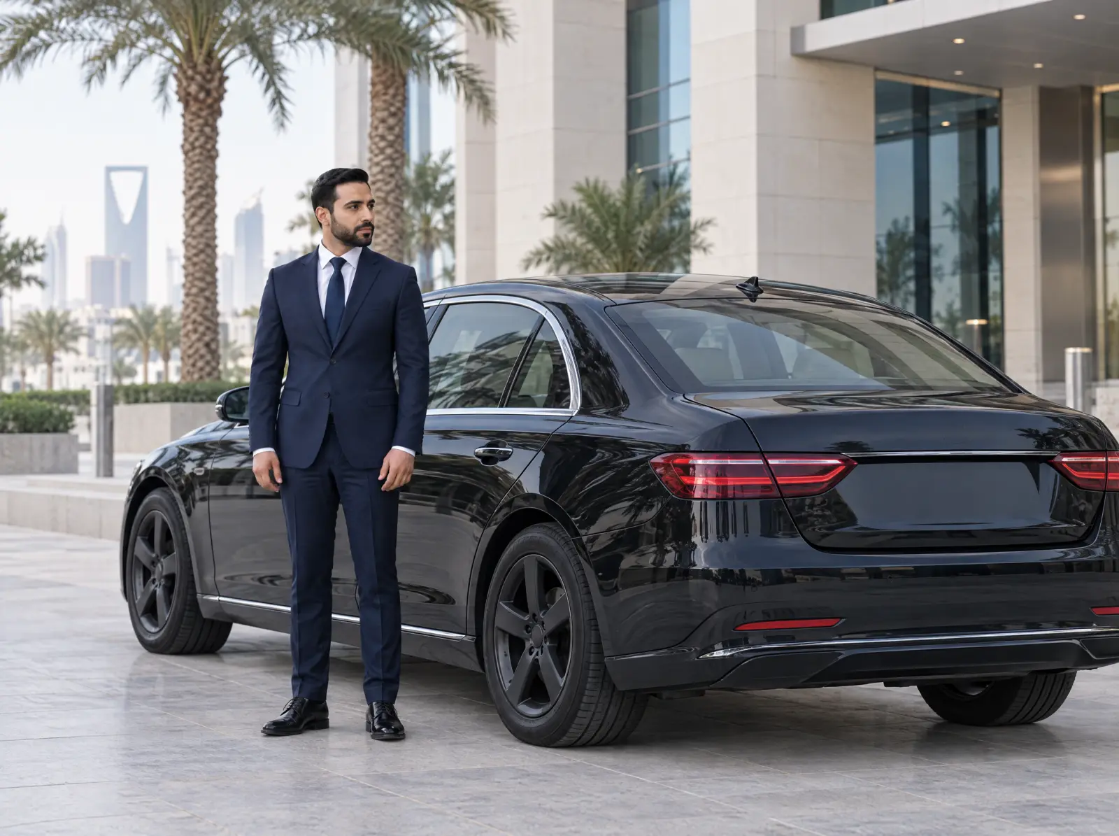 Chauffeur in a navy suit standing with his hands at his sides beside a black executive sedan in an office forecourt.